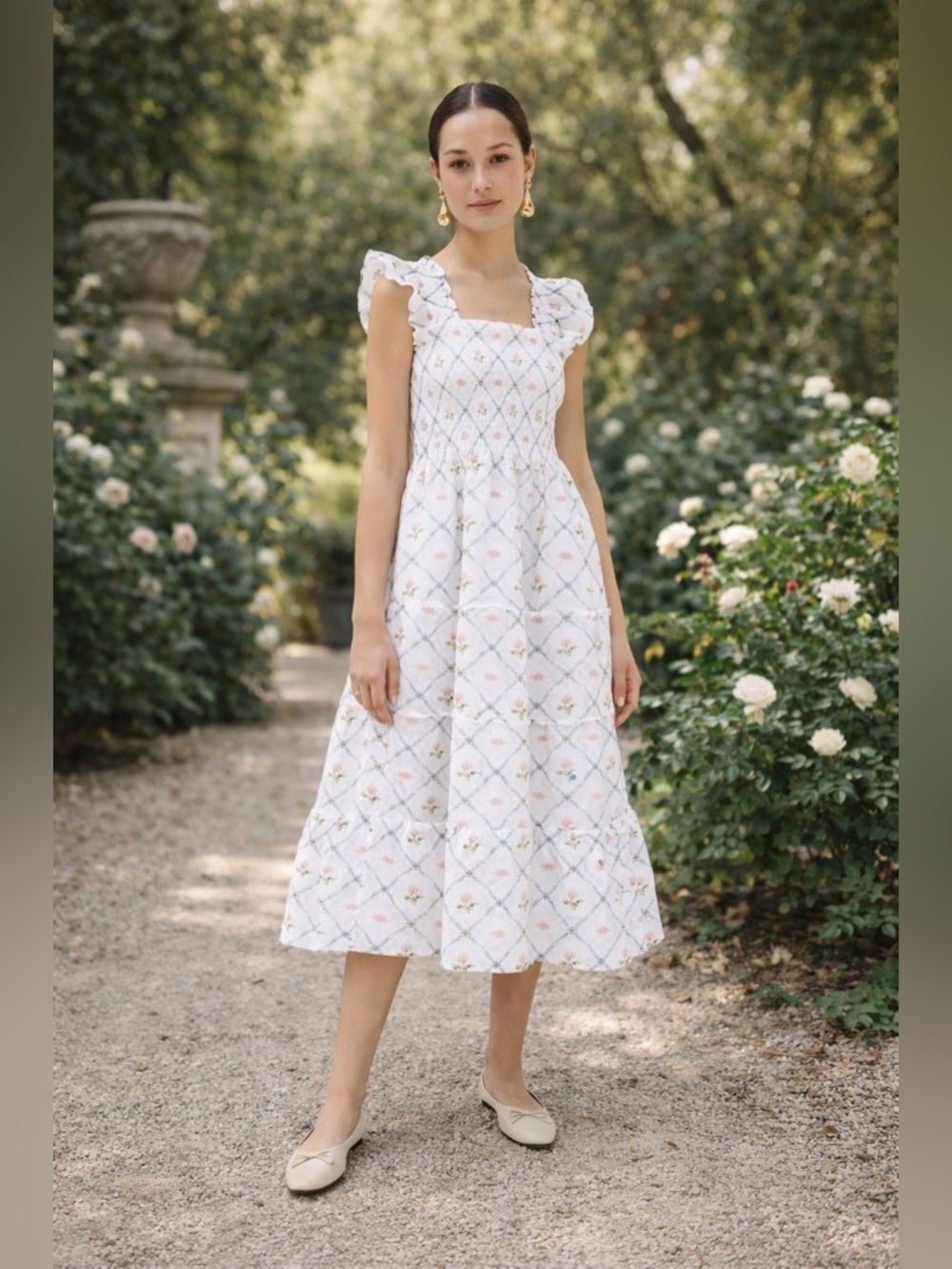 Hill House Home Ellie Nap Dress Butterfly Trellis Cotton Poplin white floral 1S